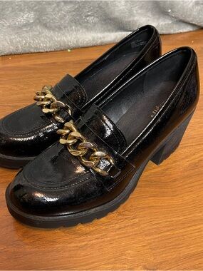 Limelight Women 7.5M Y2K Chunky Dark Academia Platform Loafers Gold Accent Heels